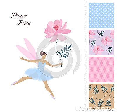 Cute fairy girl with big pink cosmos flower. Card and set of seamless patterns with flowers, leaves, rhombus and polka dot. Vector Illustration