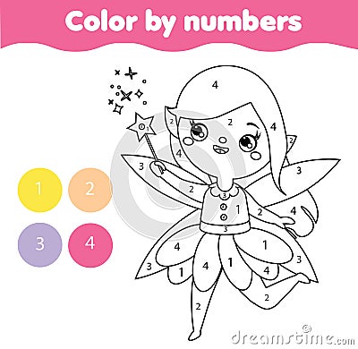 Cute fairy girl Coloring page for kids. Educational children game. Color by numbers activity Vector Illustration