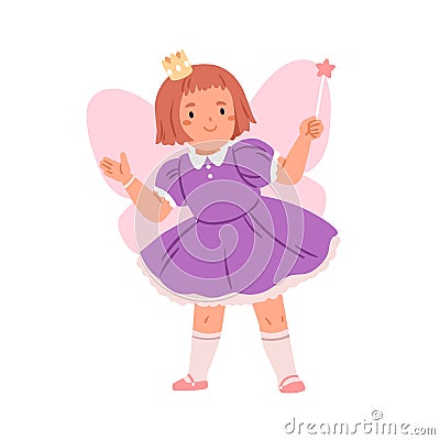 Cute fairy girl disguised in tale princess costume with wings. Happy kid in fantasy dress. Fairytale character with wand Vector Illustration