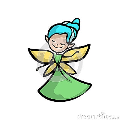 Cute fairy with gold wings, blue hair and green dress Vector Illustration