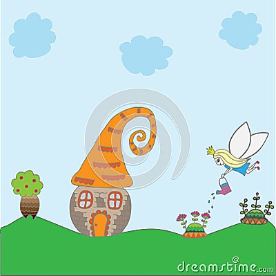 Cute Fairy with house and flower Vector Illustration