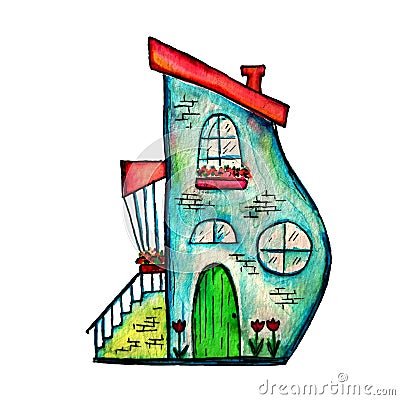 Cute fairy house watercolor illustration. Hand painted illustration can be used for cute print design for greeting Cartoon Illustration