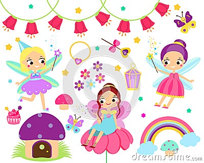 Cute Fairy set. Collection of cartoon fairy tale design elements. Elf, flowers, mushrooms and other clip art for children girls Vector Illustration