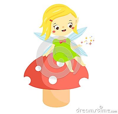 Cute fairy sit on mushroom. Garden elf, little pixie Vector Illustration