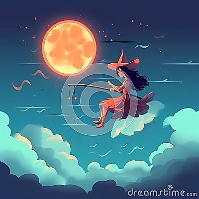 Cute fairy sitting on a cloud at night Stock Photo