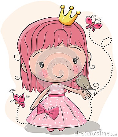 Cute fairy-tale Princess and a bird Vector Illustration