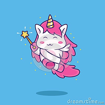 cute fairy unicorn cartoon with wing and magic wand Vector Illustration