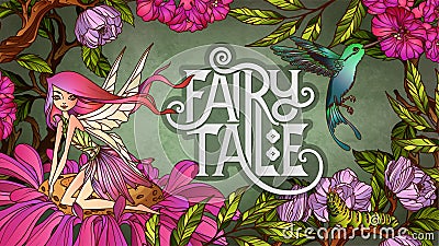 Cute fairy with with wings siting on a flower in front of floral background Vector Illustration