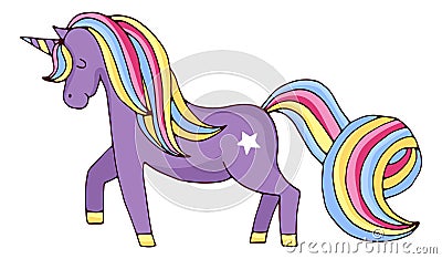 Cute fairytale pony with horn. Friendly cartoon character Vector Illustration