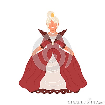 Cute fairytale princess isolated on white background. Adorable girl dressed in poofy red gown like queen for costumed Vector Illustration