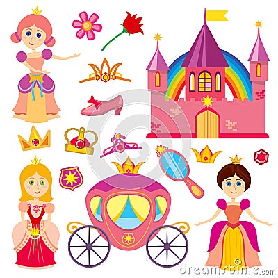 Cute fairytale princess, pink carriage, crown, castle, cartoon little girl tiara vector set Vector Illustration