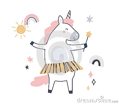 Cute fairytale unicorn, fairy baby animal with magic wand. Dream horse with horn in Scandinavian style. Happy little Vector Illustration