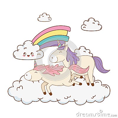 Cute fairytale unicorns in clouds with rainbow Vector Illustration