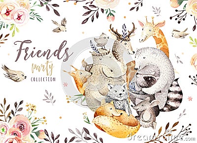 Cute family baby fox, deer animal nursery cat, giraffe, squirrel, and bear isolated illustration. Watercolor boho raccon Cartoon Illustration