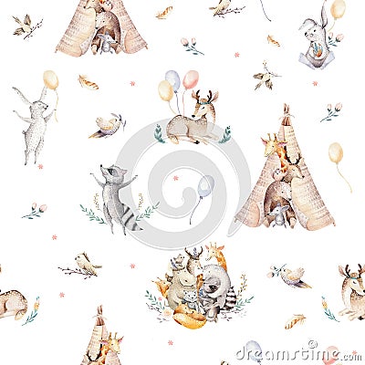 Cute family baby raccon, deer and bunny. animal nursery giraffe, and bear isolated illustration. Watercolor boho raccon Cartoon Illustration