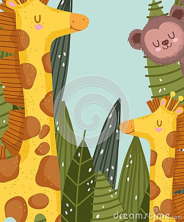 Cute family giraffes and monkey jungle safari vegetation cartoon Vector Illustration