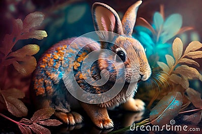 Cute fancy bunny sitting among the grass and leaves. Nature illustration. Cartoon Illustration