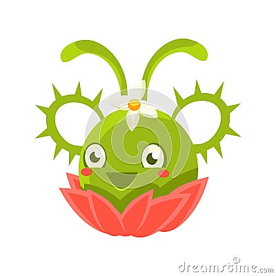 Cute fantastic green succulent plant character with spikes, nature element cartoon vector Illustration Vector Illustration