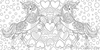 Adult coloring book,page a cute pair of unicorns image for relaxing.Zen art style illustration. Vector Illustration