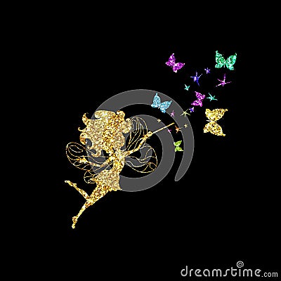 Cute fantasy glitter fairy elf girl isolated icon illustration with magic stick Cartoon Illustration