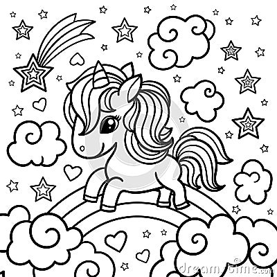 Cute fantasy unicorn on a rainbow among the clouds. Black and white. Vector Vector Illustration
