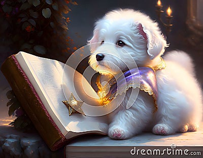 Cute fantasy white puppy and the book of spell. AI Stock Photo