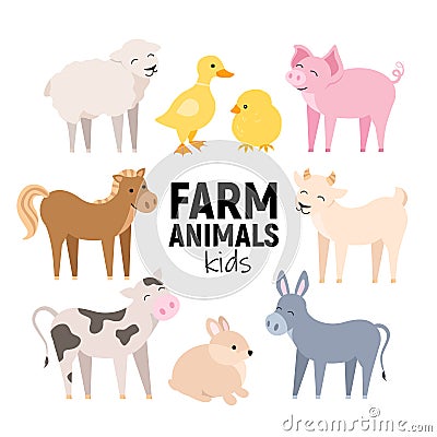 Cute farm animals cow, pig, lamb, donkey, bunny, chick, horse, goat, duck isolated. Domestic animals kid set vector Vector Illustration