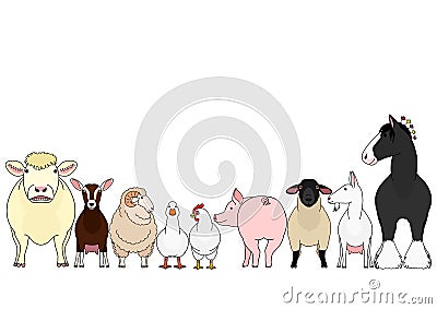 Cute farm animals in a row Vector Illustration