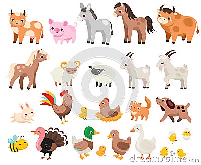 Cute farm. Big set of cartoon farm animals and pets for kids and children. Cow, horse, pig and many other Vector Illustration