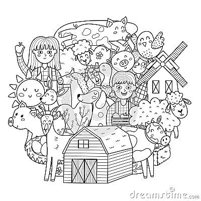 Cute farm characters circle shape coloring page. Doodle mandala with animals and farmers for coloring book Vector Illustration