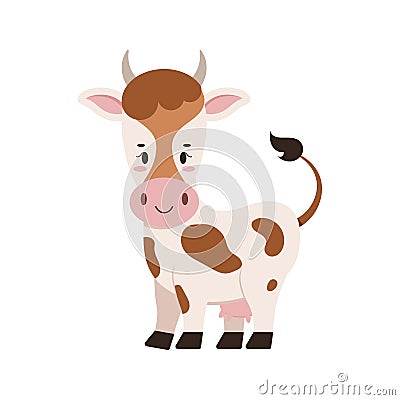 Cute farm cow with udder flat design icon isolated on white background. Vector Illustration