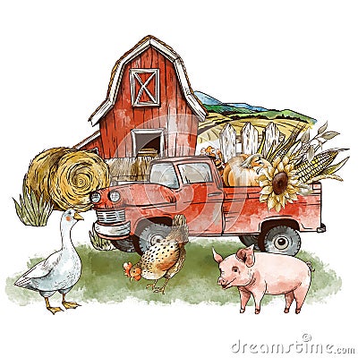 Cute farm house with fall red truck, Rustic vintage animals illustration. Goose, chicken, pig, haystack Cartoon Illustration