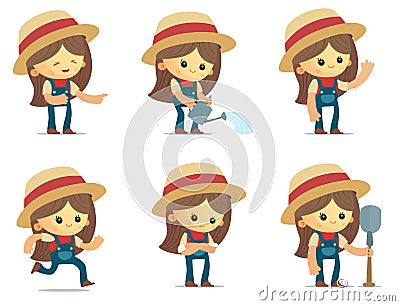 Cute Farmer Girls Vector Illustration