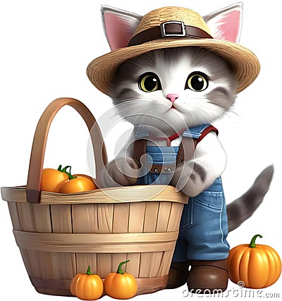 Cute Farmer kitten character design. Ai-Generated. Stock Photo