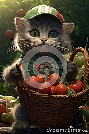 A cute farmer kitten is standing in the garden, holding a wicker basket with tomatoes Stock Photo