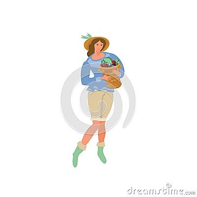 Cute farmer sexy girl takes basket with natural products Vector Illustration