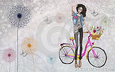 Cute fashion girl on the pink bicycle with flowers,3d wallpaper textere Cartoon Illustration