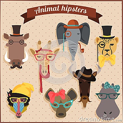 Cute fashion Hipster African Animals Vector Illustration