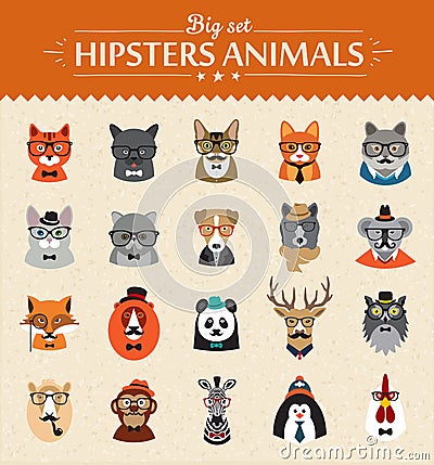 Cute fashion Hipster Animals of vector icons Vector Illustration