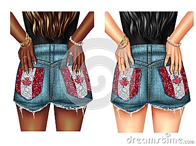 CUTE FASHION ILLUSTRATION OF GIRLS WEARING SHORTS WITH PATRIOTIC FLAGS - CANADA FLAG Stock Photo