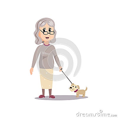 Cute fashion old senior woman with small dog Vector Illustration