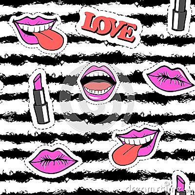 Cute fashion seamless pattern with patch badges. Mouth, lips, smile, lipstick, language. Vector Illustration