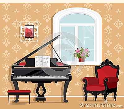 Cute fashionable living room with piano, armchair, window, flowerpot, little chair. Stylish graphic room set. Flat style. Vector Illustration