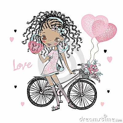 Cute fashionista dark-skinned teen girl with pigtails with a Bicycle and balloons hearts. Valentine card. Vector. Vector Illustration