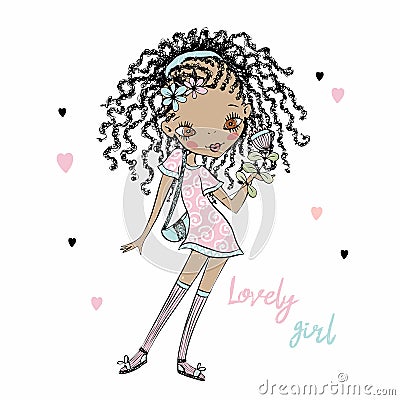 Cute fashionista dark-skinned teen girl with pigtails . Vector. Vector Illustration