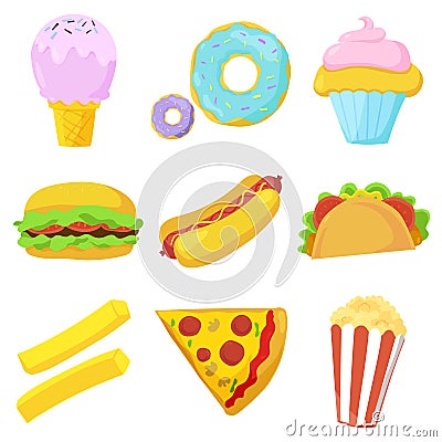 Cute fast food icons set. Vector illustration Vector Illustration