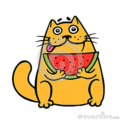 Cute fat cat eats watermelon. cat. Isolated vector illustration. Vector Illustration