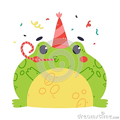 Cute Fat Green Frog or Toad Character in Birthday Hat Blowing Whistle Vector Illustration Vector Illustration