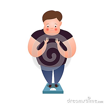 Cute fat man stay on weight scales at home Vector Illustration