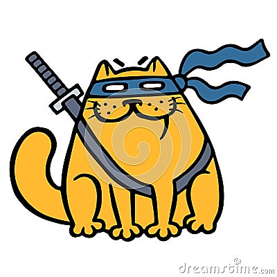 Cute fat ninja cat in a mask and a sword. Vector illustration. Vector Illustration